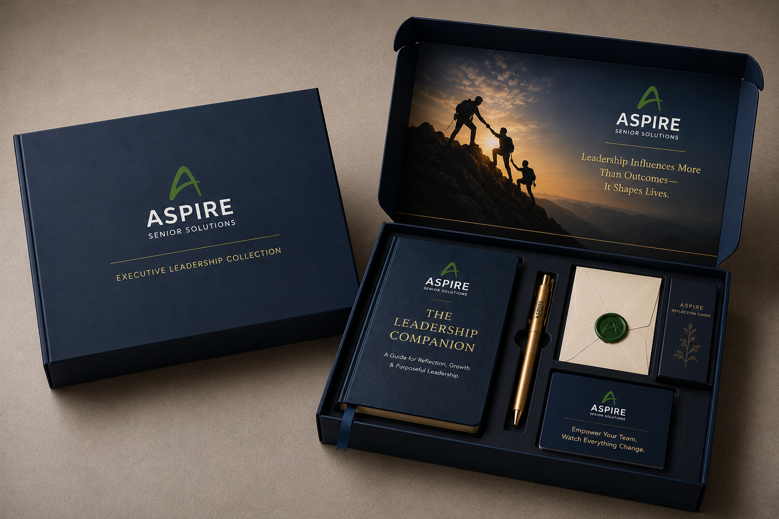 The Executive Leadership Collection — gift box featuring The Leadership Companion journal, reflection cards, and Aspire branded pen